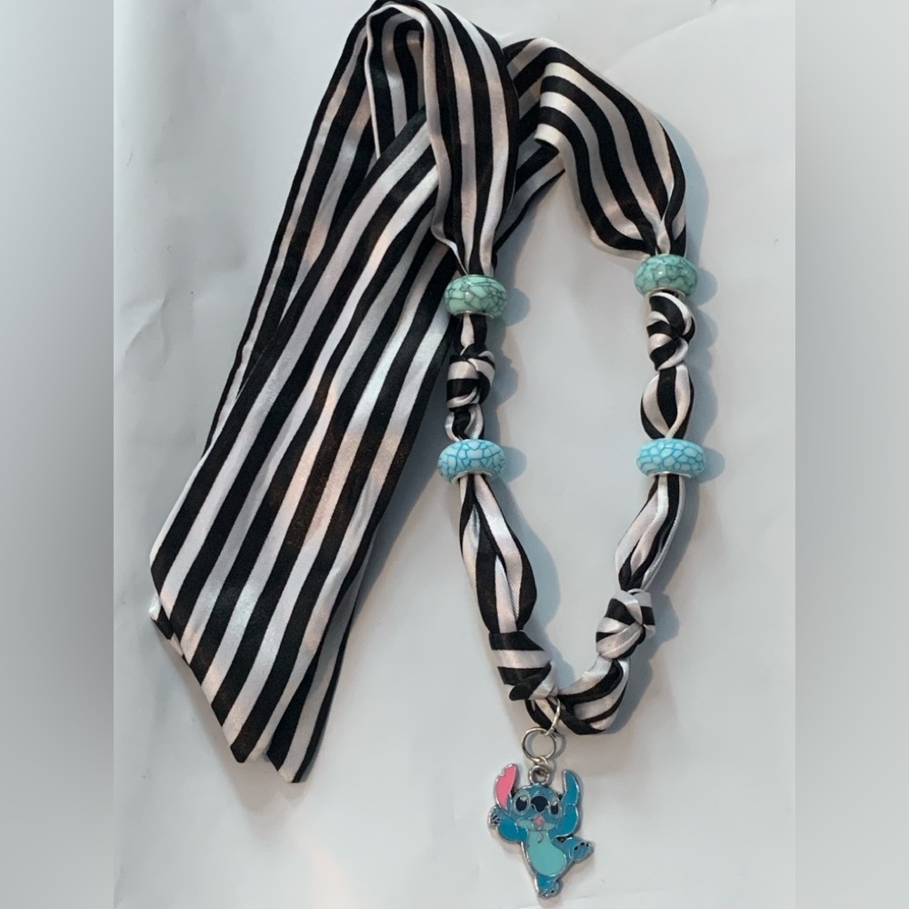 Striped Black and White Scarf Necklace with Turquoise Beads